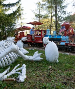 train and fake skeleton decor