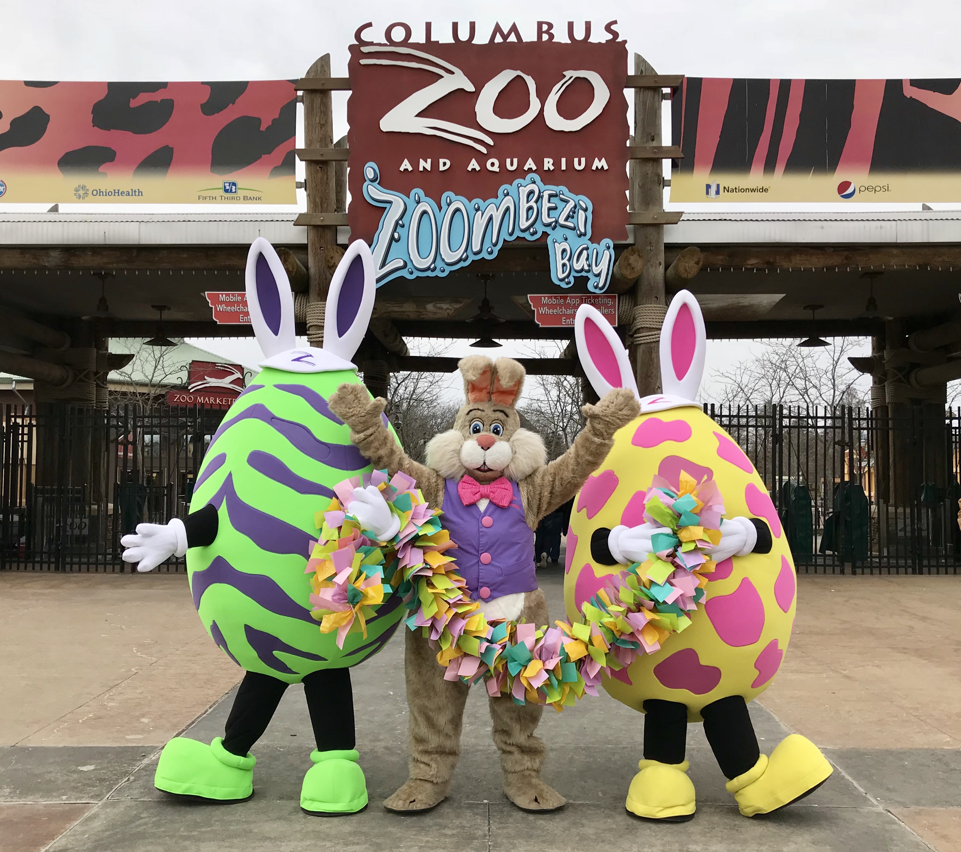 Easter Bunny with Egg Characters at the entrance of the Zoo