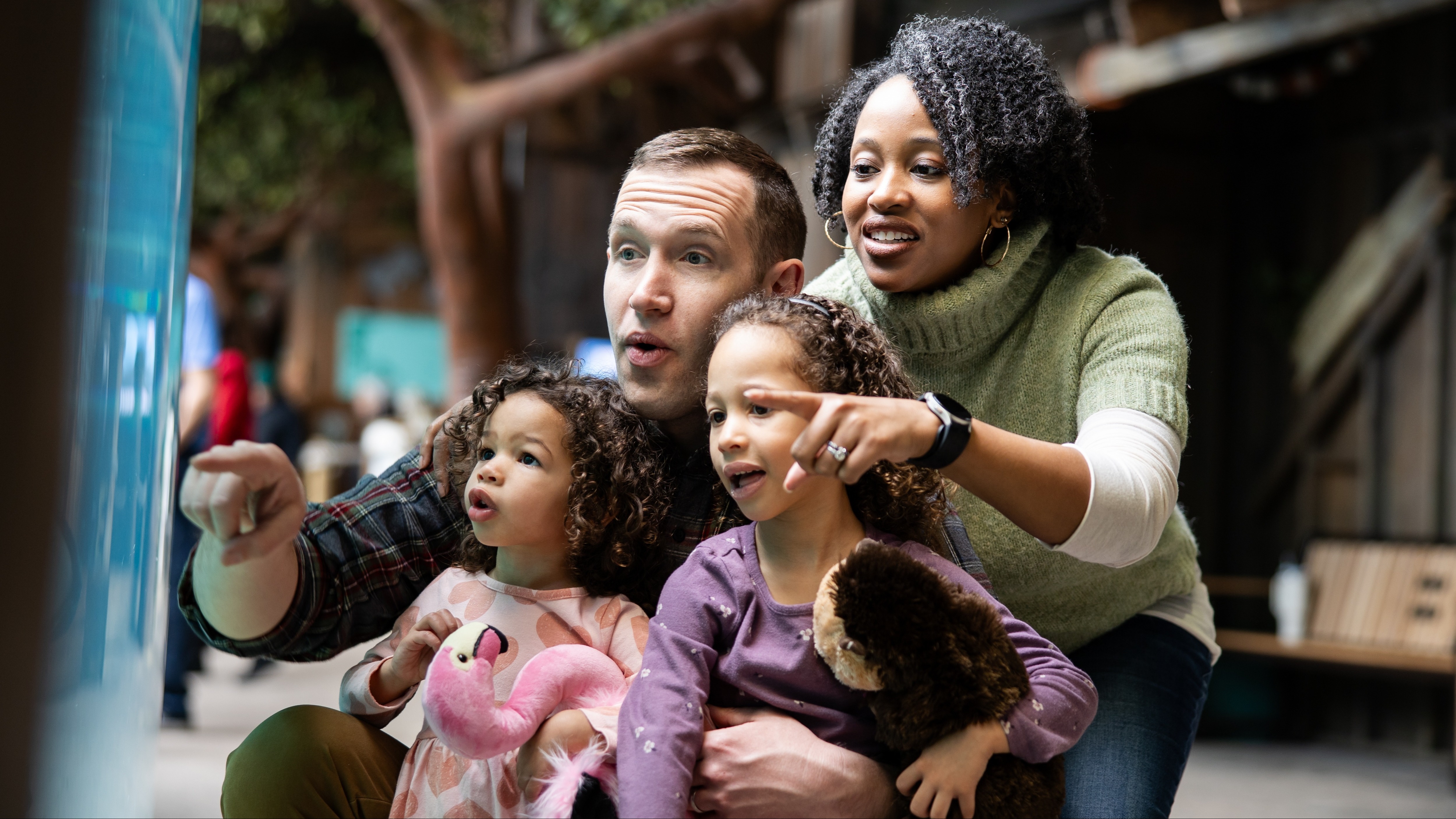family kneeling and pointing to aquarium on left of image