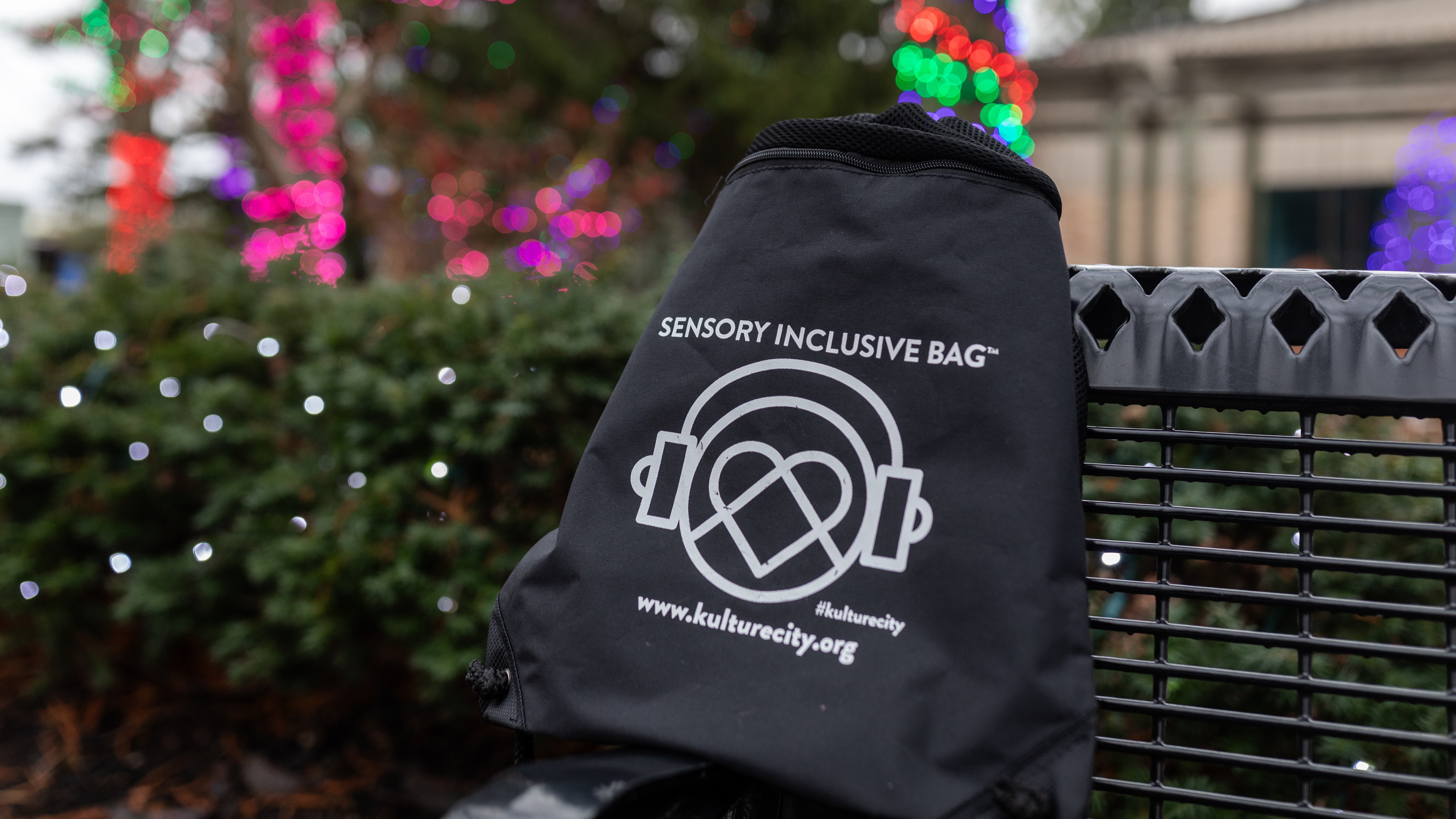 bag on bench with holiday lights in background