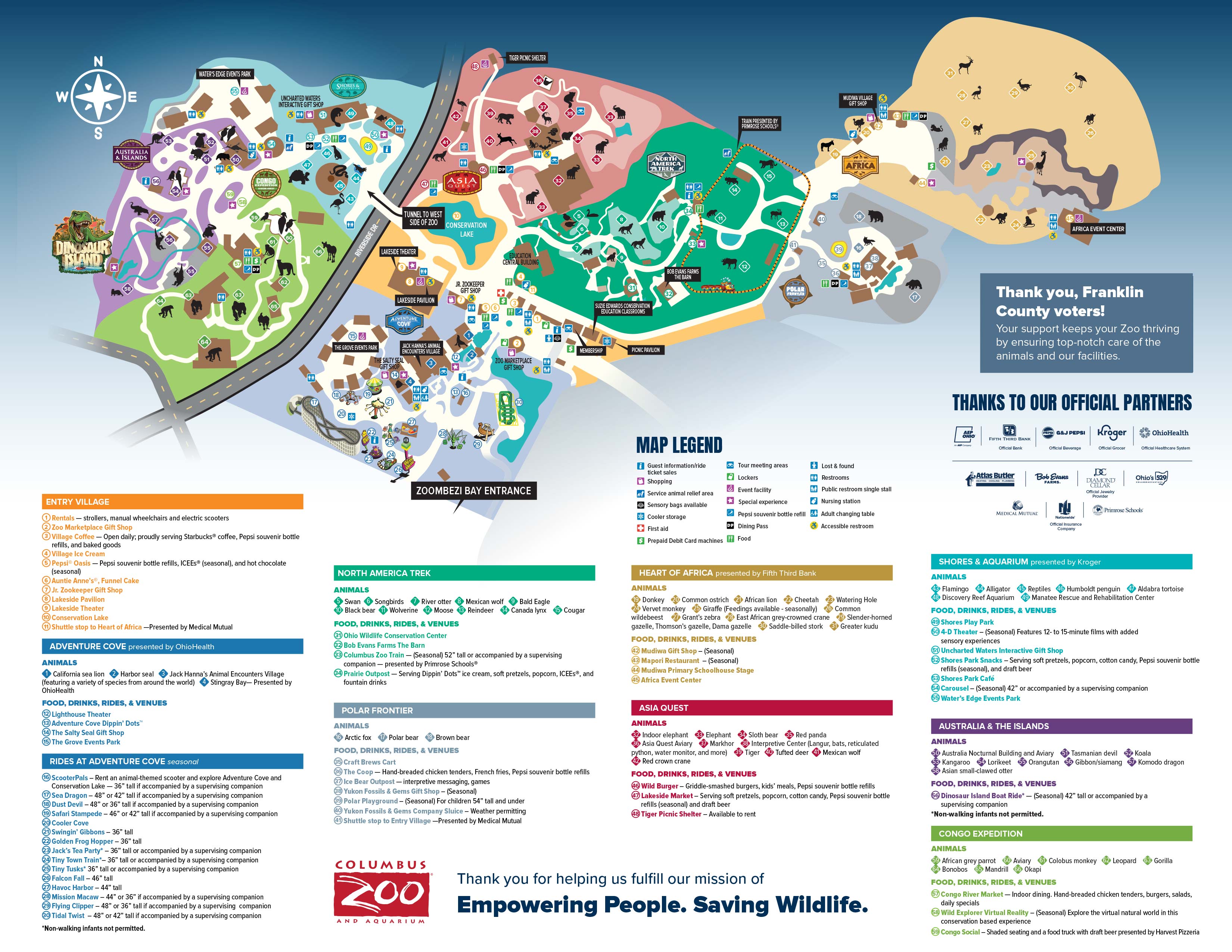 Map identifying regions and amenities at the Columbus Zoo