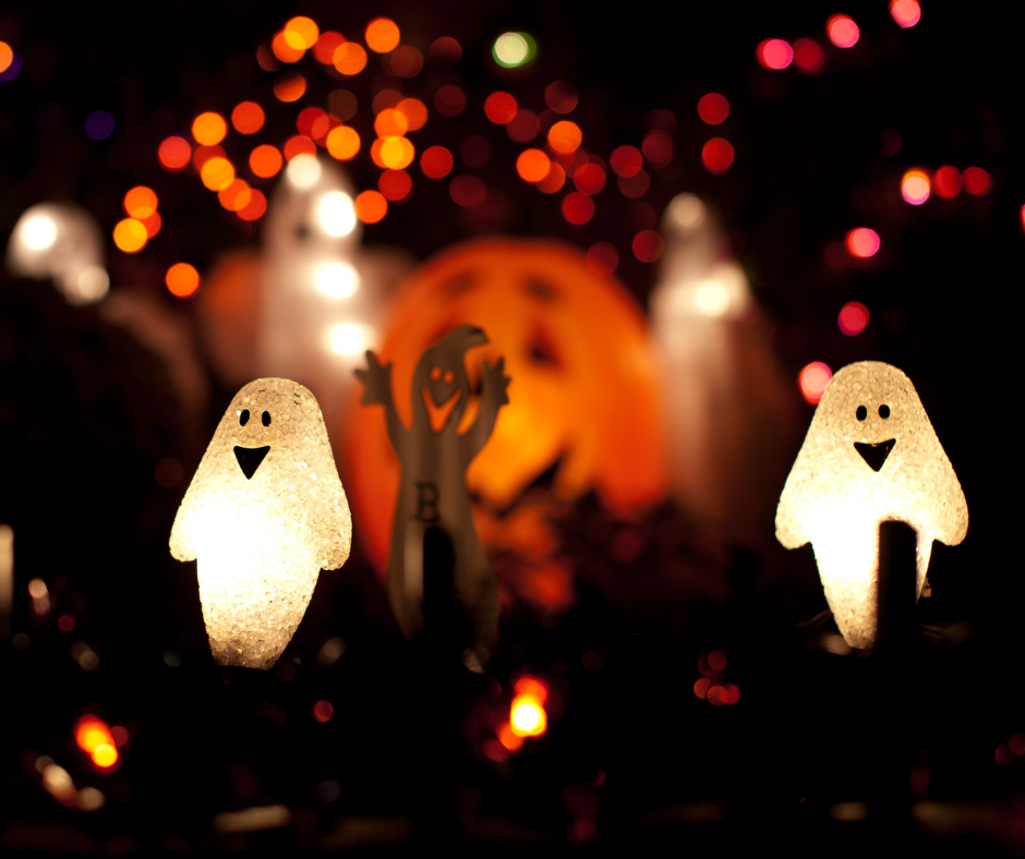 halloween decorations and string lights