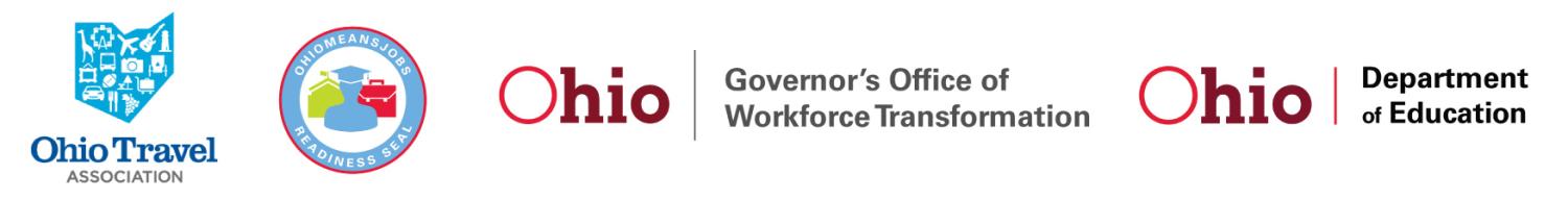 Lineup of four state jobs assistance logos; Ohio Travel Association, Ohio Means Jobs seal, Ohio Governor's Office of Workforce Transformation, and Ohio Department of Education