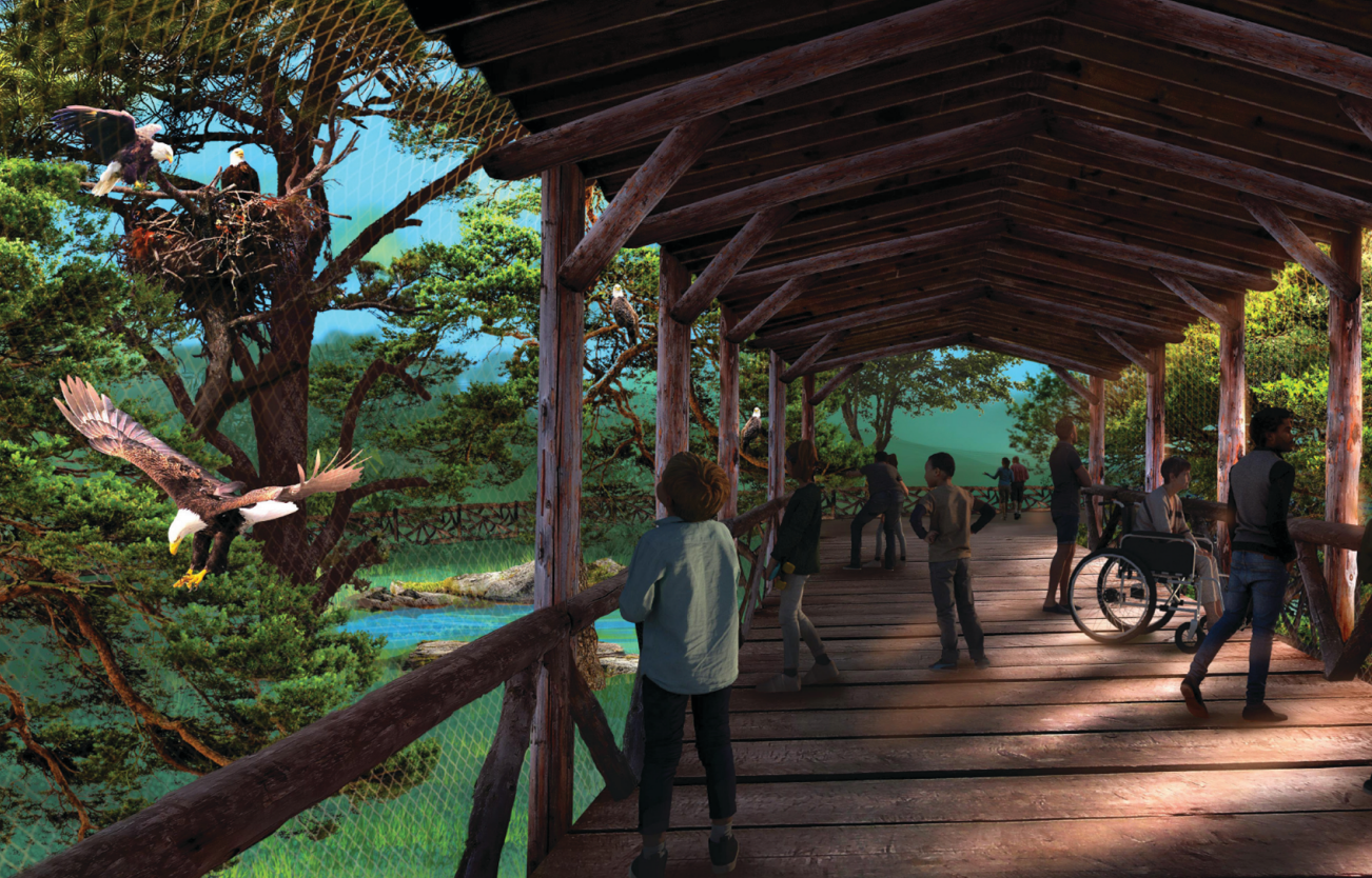rendering of Zoo guests viewing animals from covered bridge