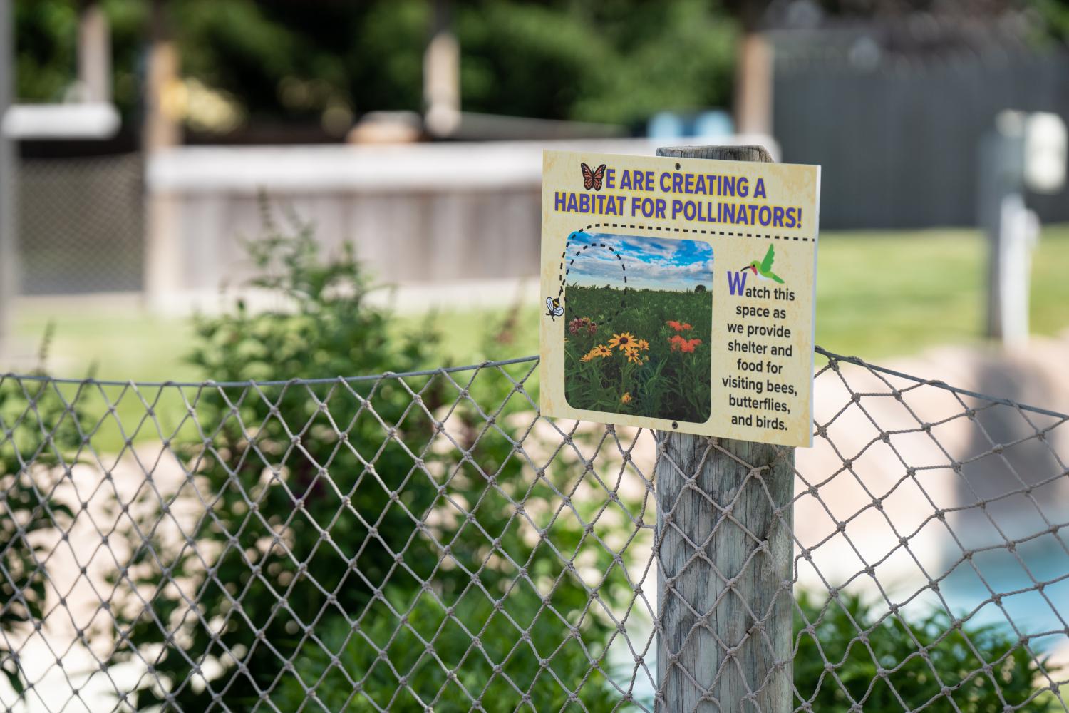 pollinator sign near rope fence and flowers