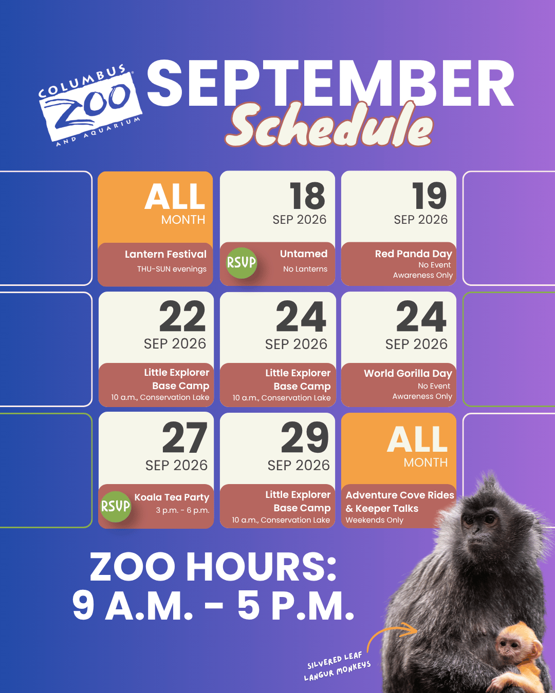 monthly calendar for the Columbus Zoo