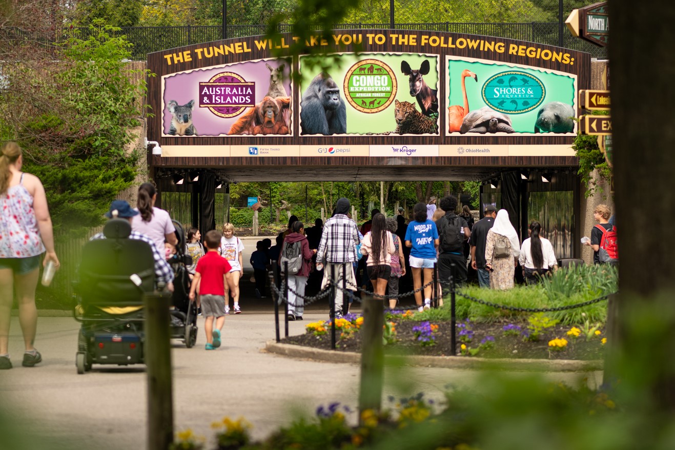 people walking towards zoo tunnel with signs