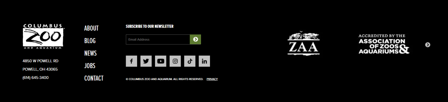 Columbus Zoo website footer