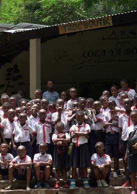 Students in front of school