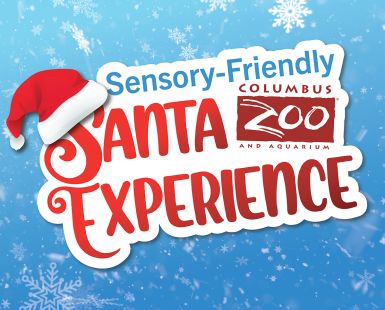 Sensory-Friendly Santa Experience with Zoo logo on a blue background with a Santa hat