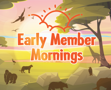 Early Member Mornings on a vector illustration of a sunrise, with several animal silhouettes in the foreground and sky