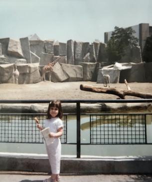 child in front of zoo habitat