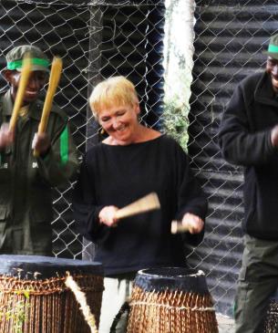 Charlene drumming with two trackers