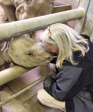 woman and rhino
