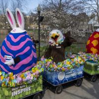 Columbus Zoo's Egg Ambassadors and Patriot Eagle Character Ambassadors riding on Character Express train