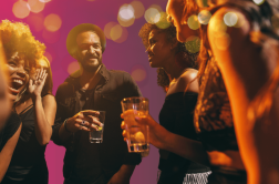four people laughing and holding drinks
