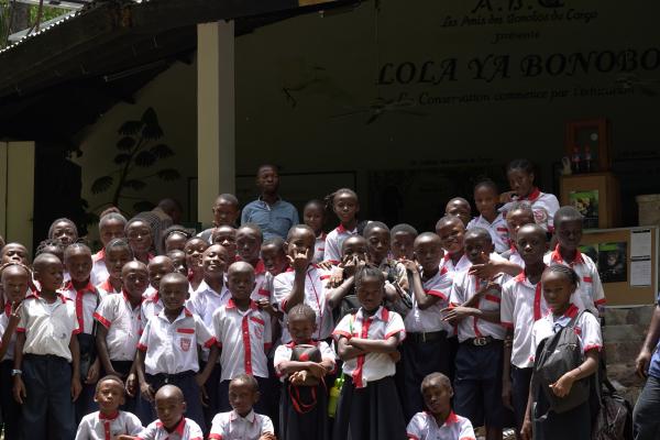 Students in front of school