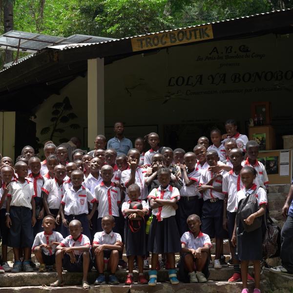 Students in front of school