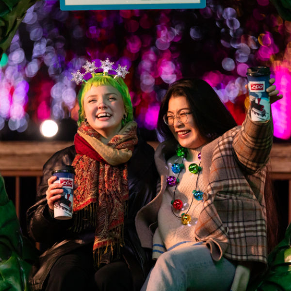 two guests holding hot chocolate and laughing